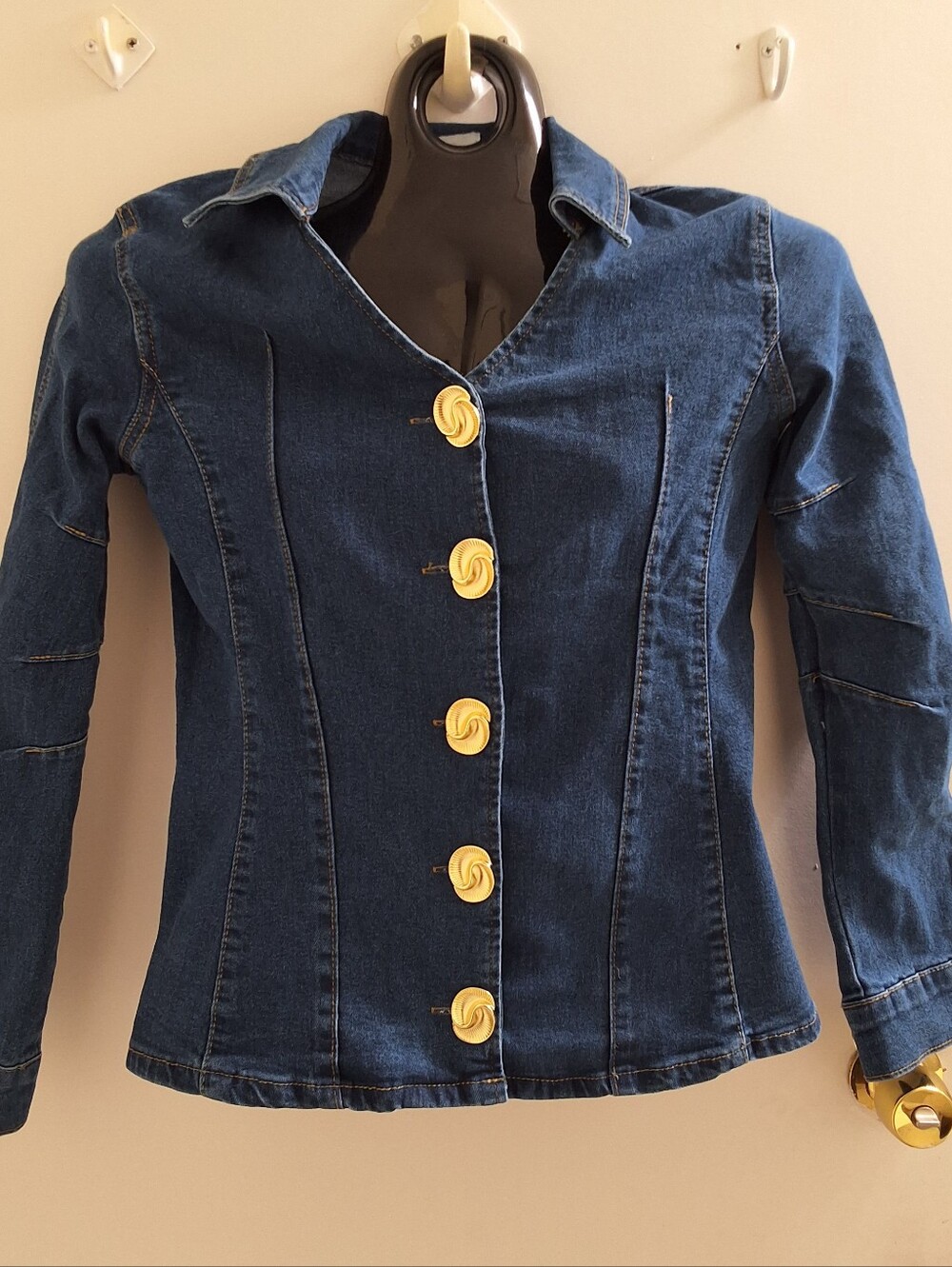 Women's Dark Blue Denim Jacket with Gold Accent Buttons